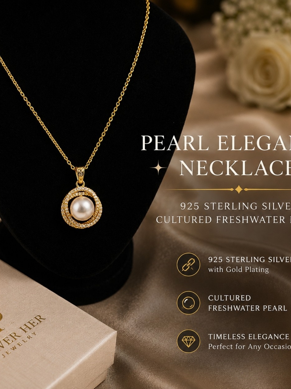 Pearl Elegance Necklace - Gold and White Cultured Freshwater Pearl